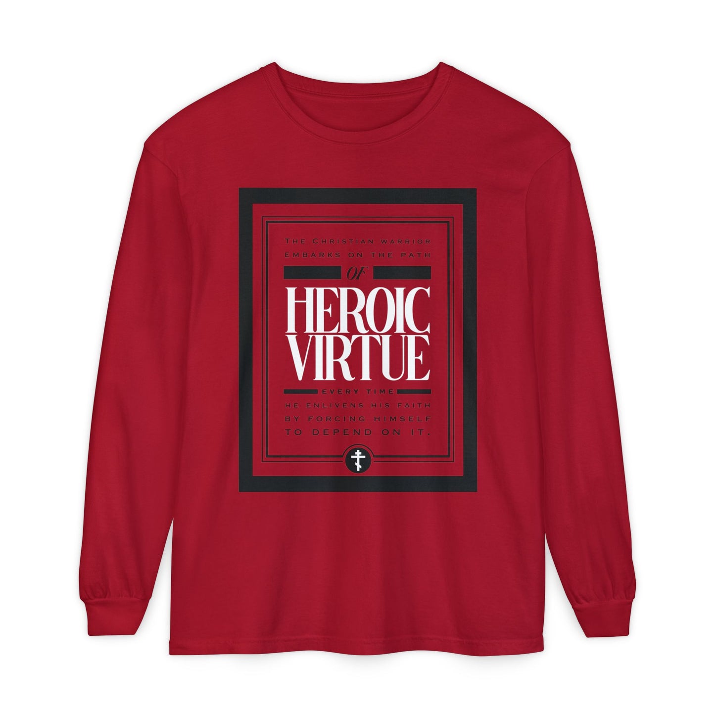 Red Christian Warrior long-sleeve shirt featuring "Path of Heroic Virtue" and "Ascetic Ethos" text with a devotional graphic, inspired by faith and Philippians 4:13.