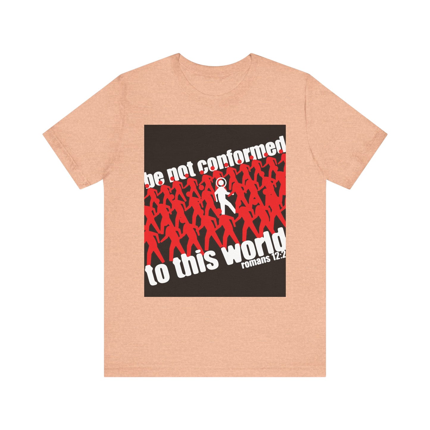 Heather Peach Orthodox Christian tee featuring red figures, one white figure, and the message: Be not conformed to this world, Romans 12:2. Lightweight cotton unisex fit. Reject the modern world—embrace renewal.
