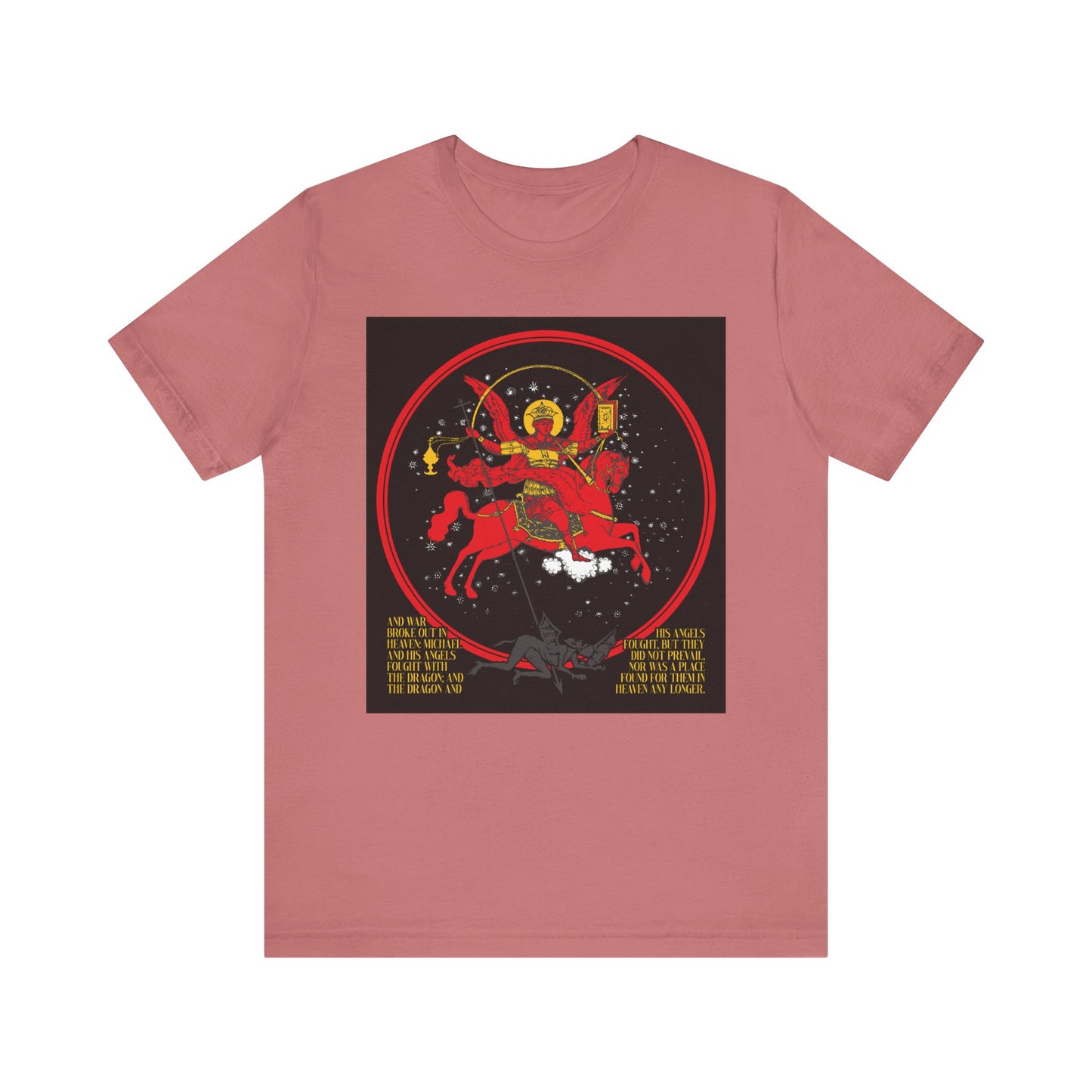 Mauve unisex cotton t-shirt, double-sided, featuring “Archangel Michael of the Apocalypse” slaying a dragon with gold and red accents—iconography inspired by Revelation 12:7-9.