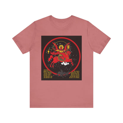 Mauve unisex cotton t-shirt, double-sided, featuring “Archangel Michael of the Apocalypse” slaying a dragon with gold and red accents—iconography inspired by Revelation 12:7-9.