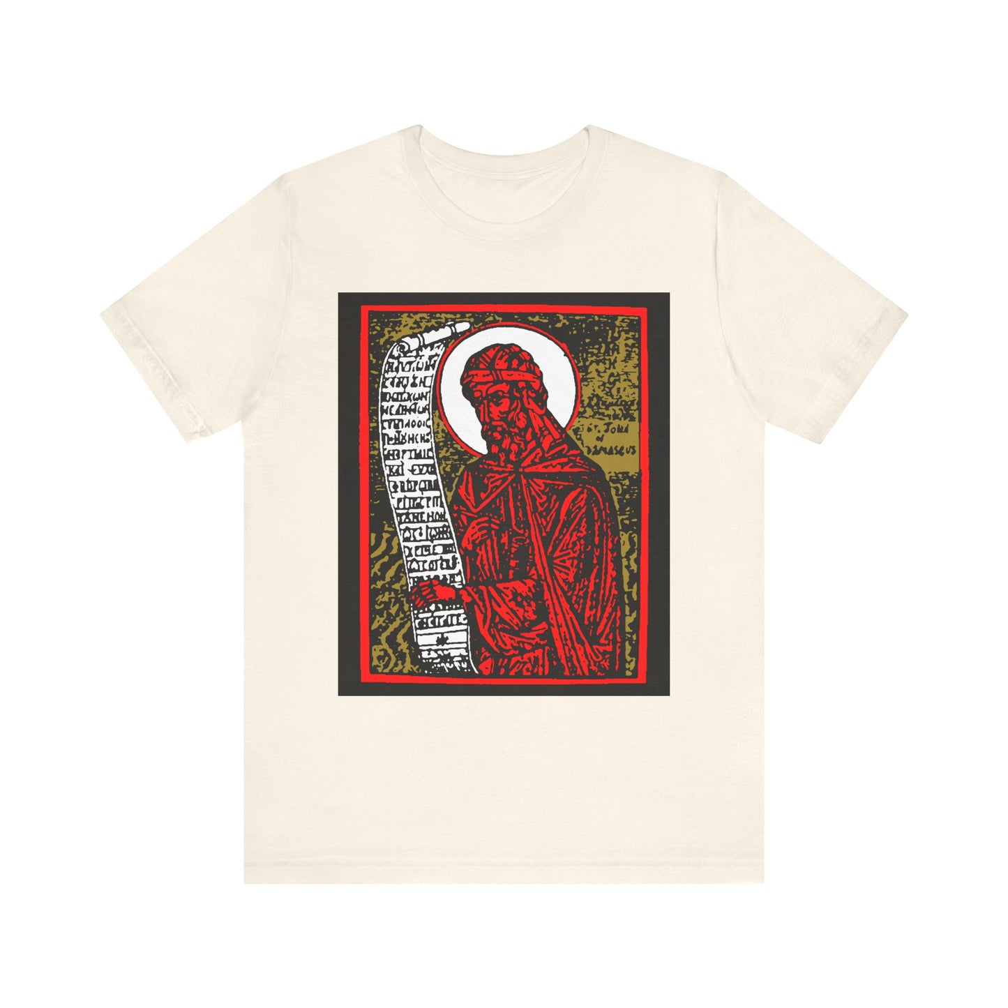 St. John of Damascus Icono-Graphic | Orthodox Christian Saint | Red Gold & Black High Contrast Design | Lightweight Cotton Unisex Tee