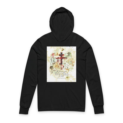 Preparing For Death | White & Beige Floral Scrapbook Texture Cross | Arts & Crafts Style | St Irenaeus | Orthodox Long Sleeve Hooded Shirt