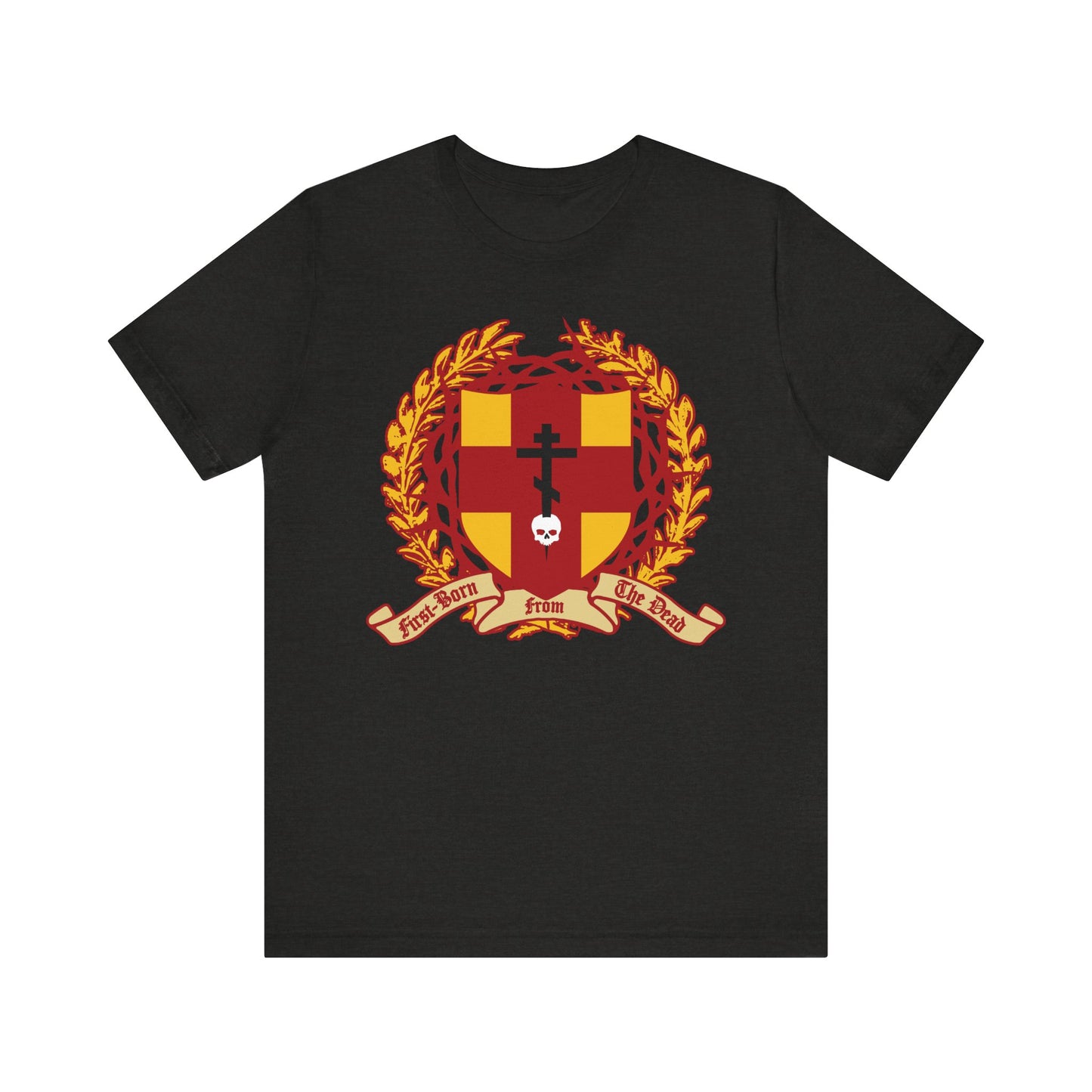Black Heather T-shirt featuring a heraldic shield with crown of thorns, Orthodox cross piercing a skull, inspired by Colossians 1:18 ("First-Born from the Dead"). Lightweight cotton unisex fit.