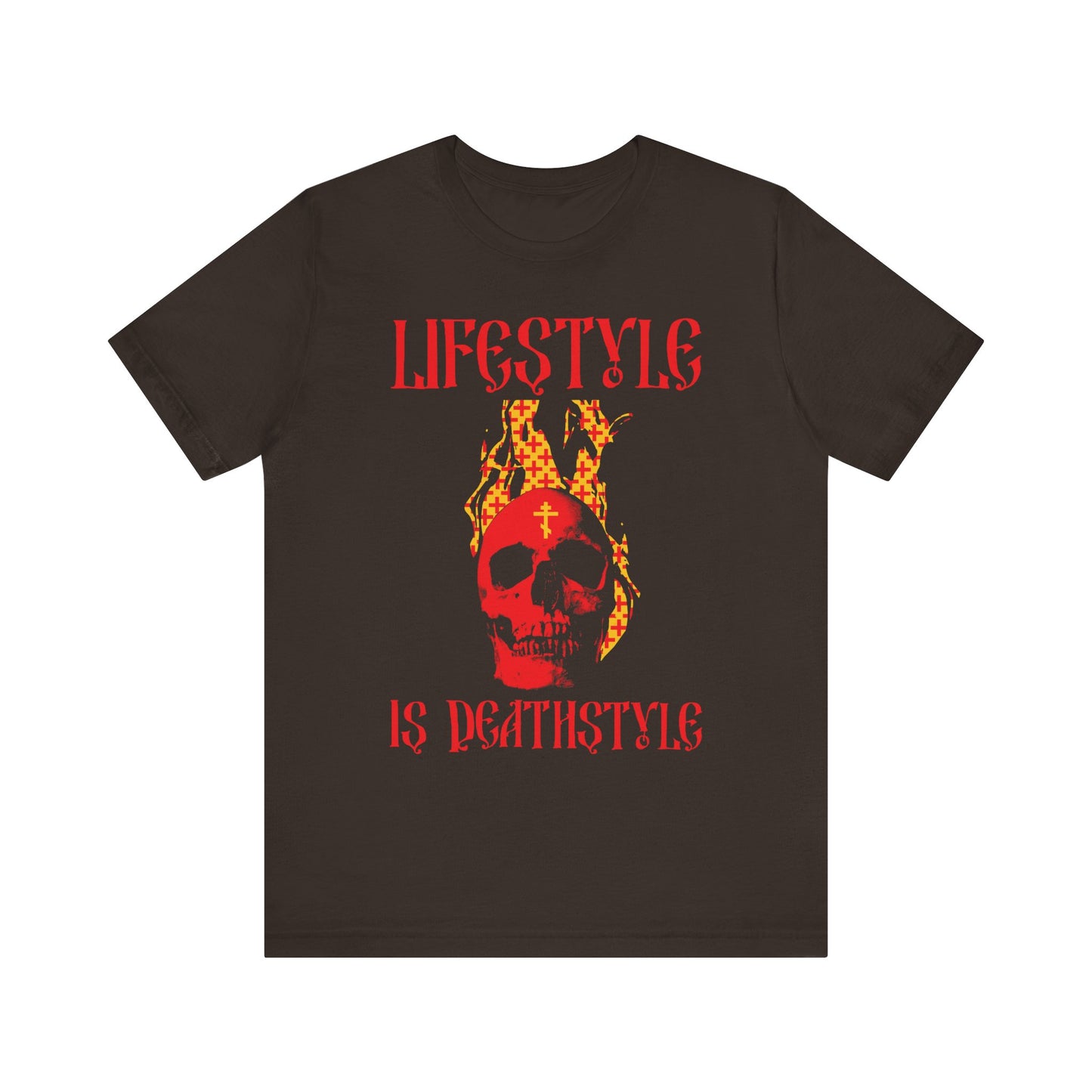 Brown T-shirt featuring the bold "Lifestyle is Deathstyle" text and a burning red skull with an Orthodox cross, inspired by St Ignatius Brianchaninov’s reflections on the human soul and the lasting impressions of deeds. Lightweight cotton unisex tee.