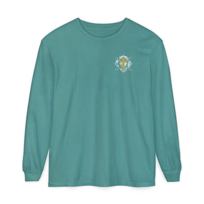 Gold Orthodox Cross ICXC NIKA  (Small Design) | White Medieval Ornate Floral Pattern | Jesus Christ Conquers | Christian Long Sleeve