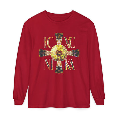 ICXC NIKA Celtic Style Equal Armed Cross | Bright Solar Texture | Orthodox Christian Long Sleeve Shirt