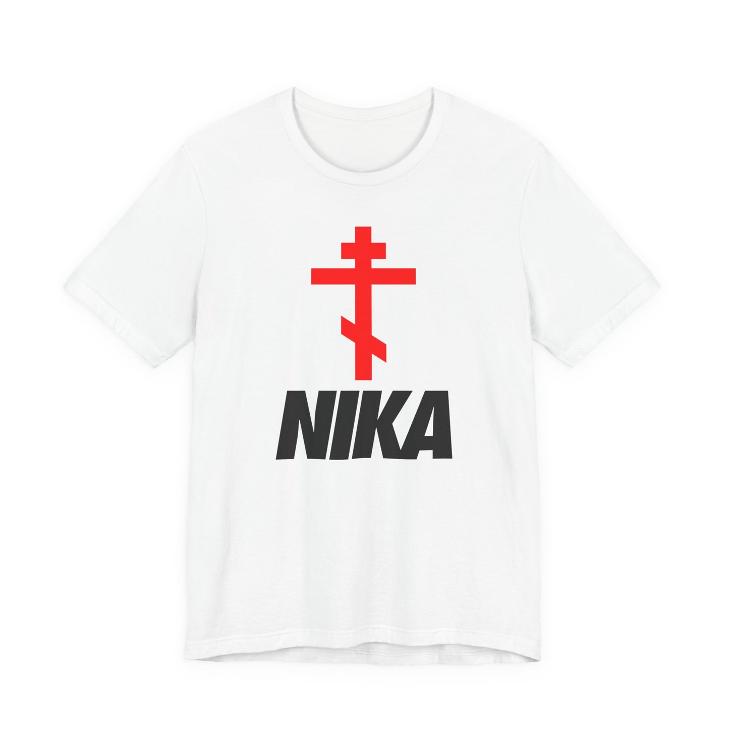 White t-shirt with a red Orthodox cross above bold black NIKA text, inspired by Christogram and Orthodox iconography. NIKE logo mashup, minimalist athletic ascetic design. Christian tee: "Jesus Christ Conquers.