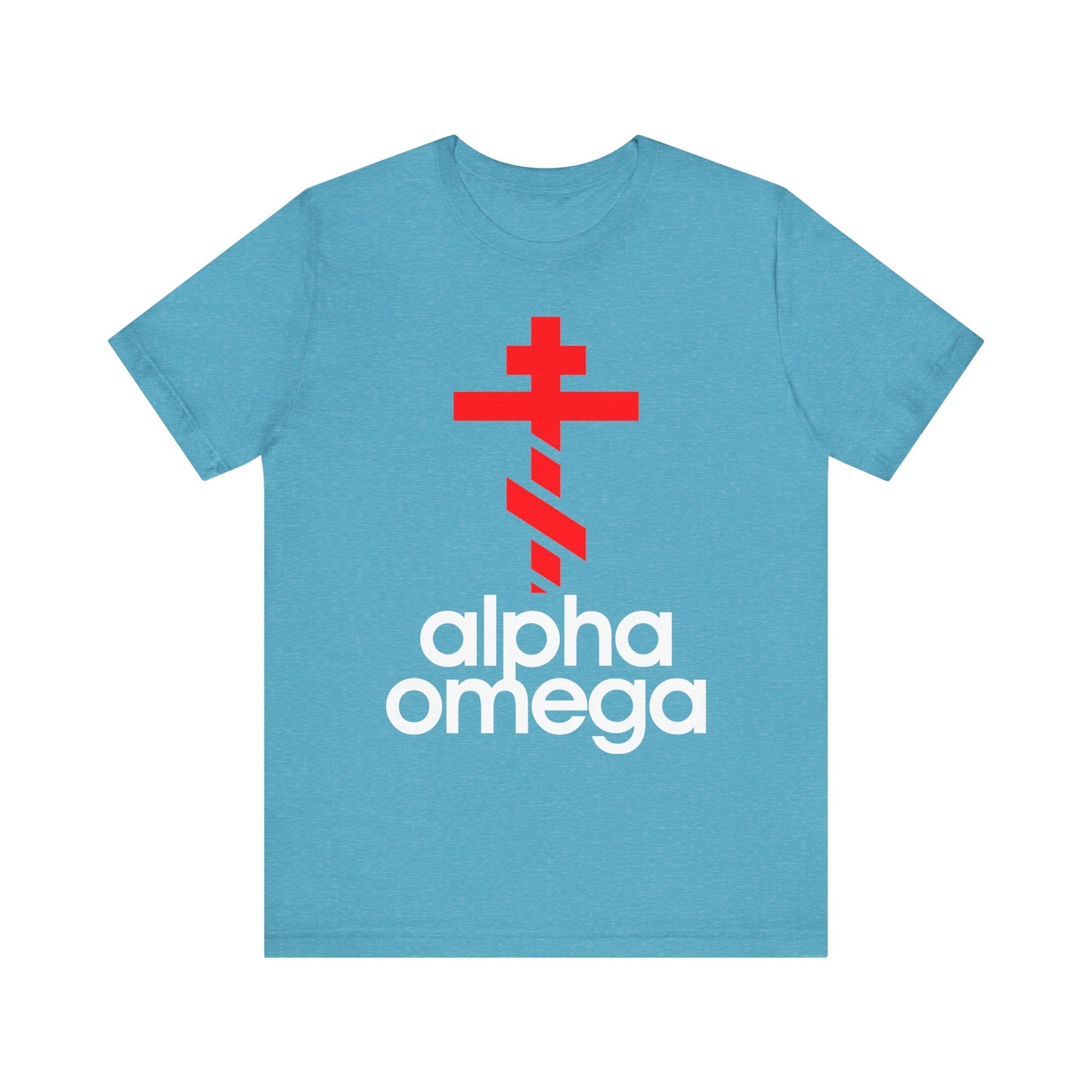Heather aqua unisex tee with a large red Orthodox cross above "alpha omega" in white, inspired by minimalist Adidas style—a subtle tribute to prayer and repentance central to Christian life.