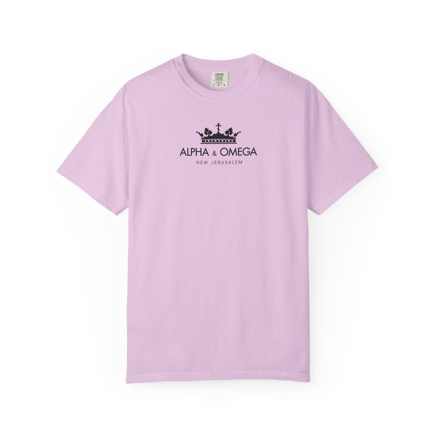Orchid heavyweight cotton unisex t-shirt featuring a black crown with Orthodox cross graphic and the text “Alpha & Omega New Jerusalem” on the chest, inspired by the mystical meaning of Alpha and Omega—Christ the Eternal Tao.
