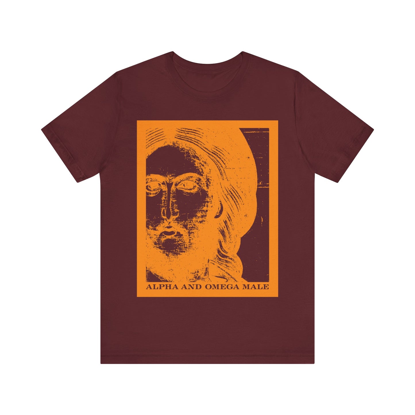 Maroon Alpha & Omega Male unisex tee featuring a Jesus Christ icono-graphic photonegative and "I am the Beginning & the End (Rev 22)," inspired by Orthodox Christian faith.