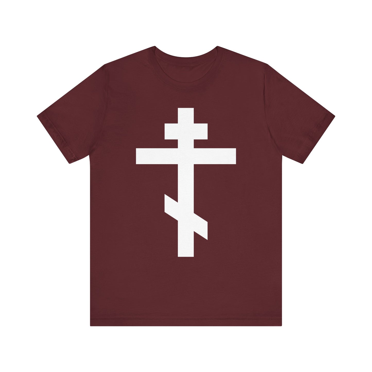 Maroon "Large White Orthodox Cross | By the power of Thy Cross do Thou preserve Thy people" lightweight cotton unisex tee, featuring a prominent white Orthodox cross design on the front, inspired by the message of salvation preached by St. John of Kronstadt.