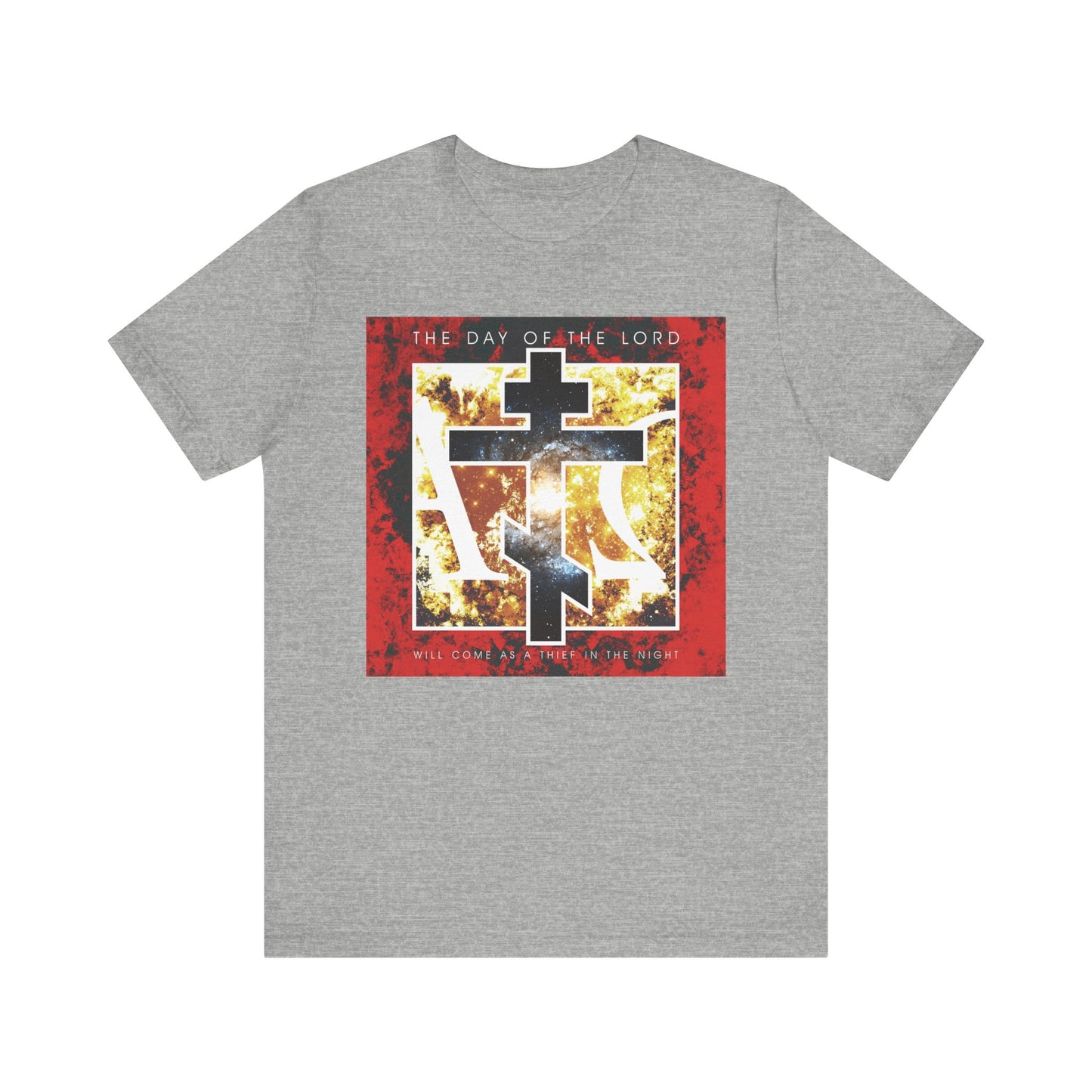 Athletic Heather lightweight cotton unisex tee featuring the Cosmic Alpha & Omega Cross Design and "The Day of the Lord Will Come as Thief in the Night | 1 Thess"—perfect for those who walk as children of light and carry the hope of salvation.