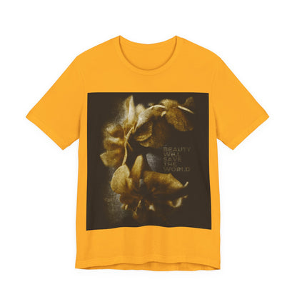 Gold Orthodox Christian t-shirt featuring "Beauty Will Save the World" inspired by Dostoevsky, with a photographic artwork glorifying Jesus Christ, Universal Creator & King.