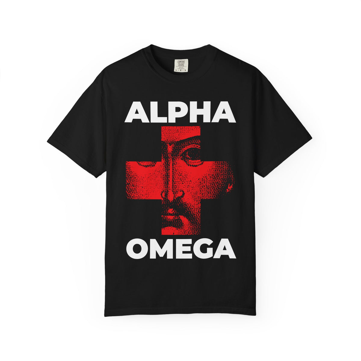 Black heavyweight cotton unisex tee featuring “I Am The Alpha + The Omega, The Beginning + The End (Rev 1:8)” with a striking red cross icono-graphic and a partial rendering of Christ’s face in the center, powerfully symbolizing the names of God.