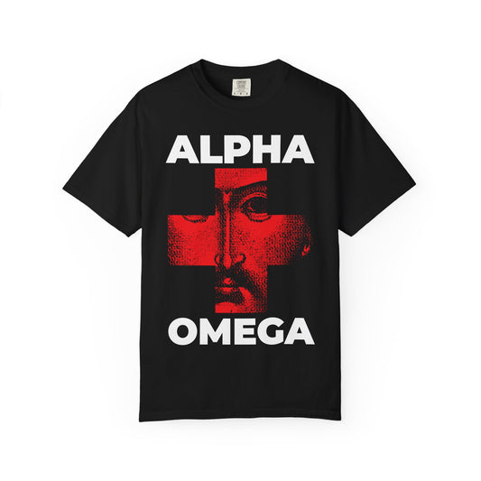 Black heavyweight cotton unisex tee featuring “I Am The Alpha + The Omega, The Beginning + The End (Rev 1:8)” with a striking red cross icono-graphic and a partial rendering of Christ’s face in the center, powerfully symbolizing the names of God.