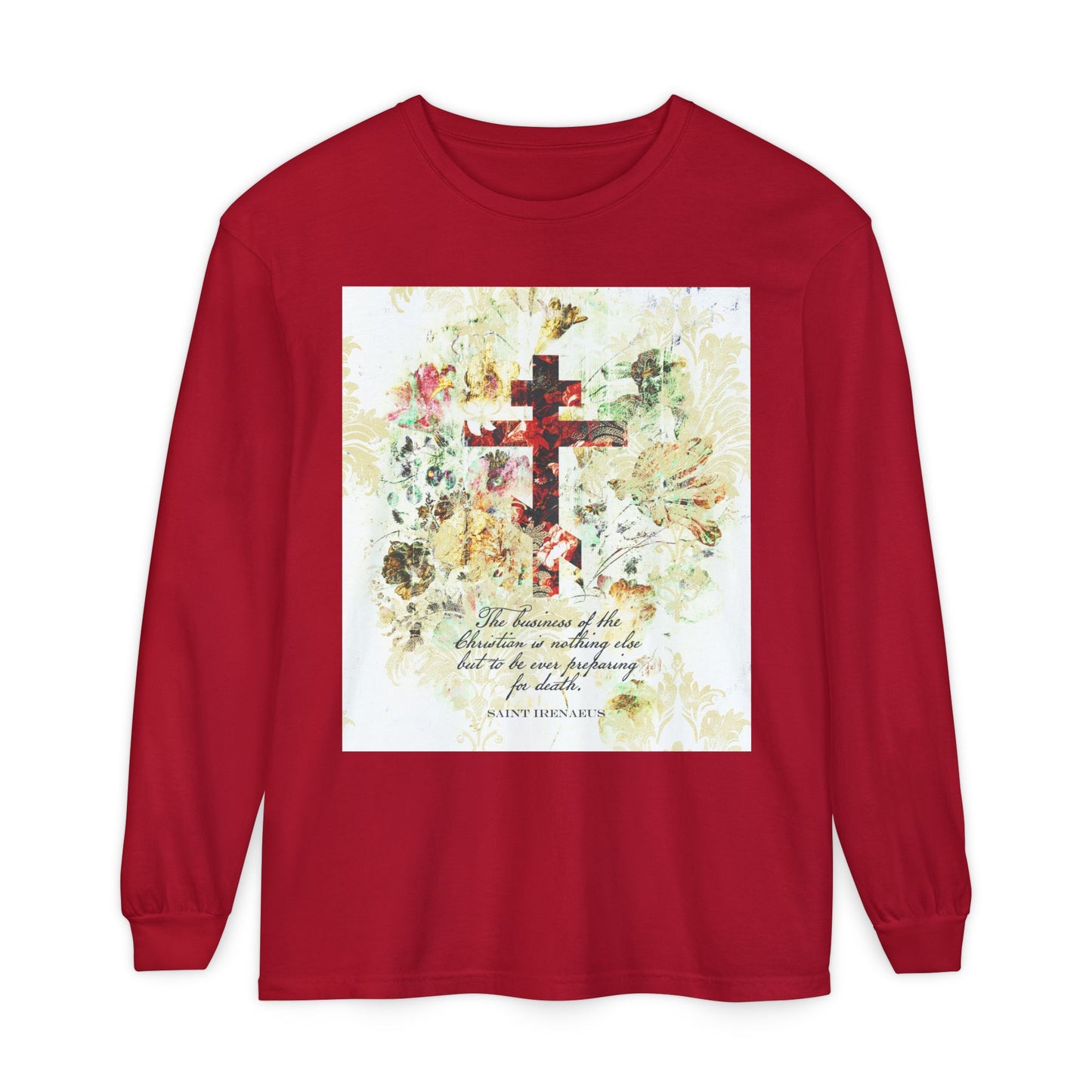 Preparing For Death | White & Beige Floral Scrapbook Texture Cross | Arts & Crafts Style | St Irenaeus | Orthodox Christian Long Sleeve Shirt