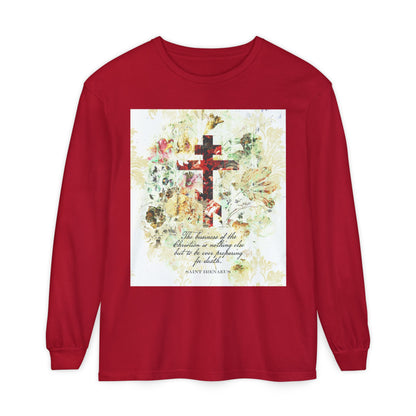 Preparing For Death | White & Beige Floral Scrapbook Texture Cross | Arts & Crafts Style | St Irenaeus | Orthodox Christian Long Sleeve Shirt