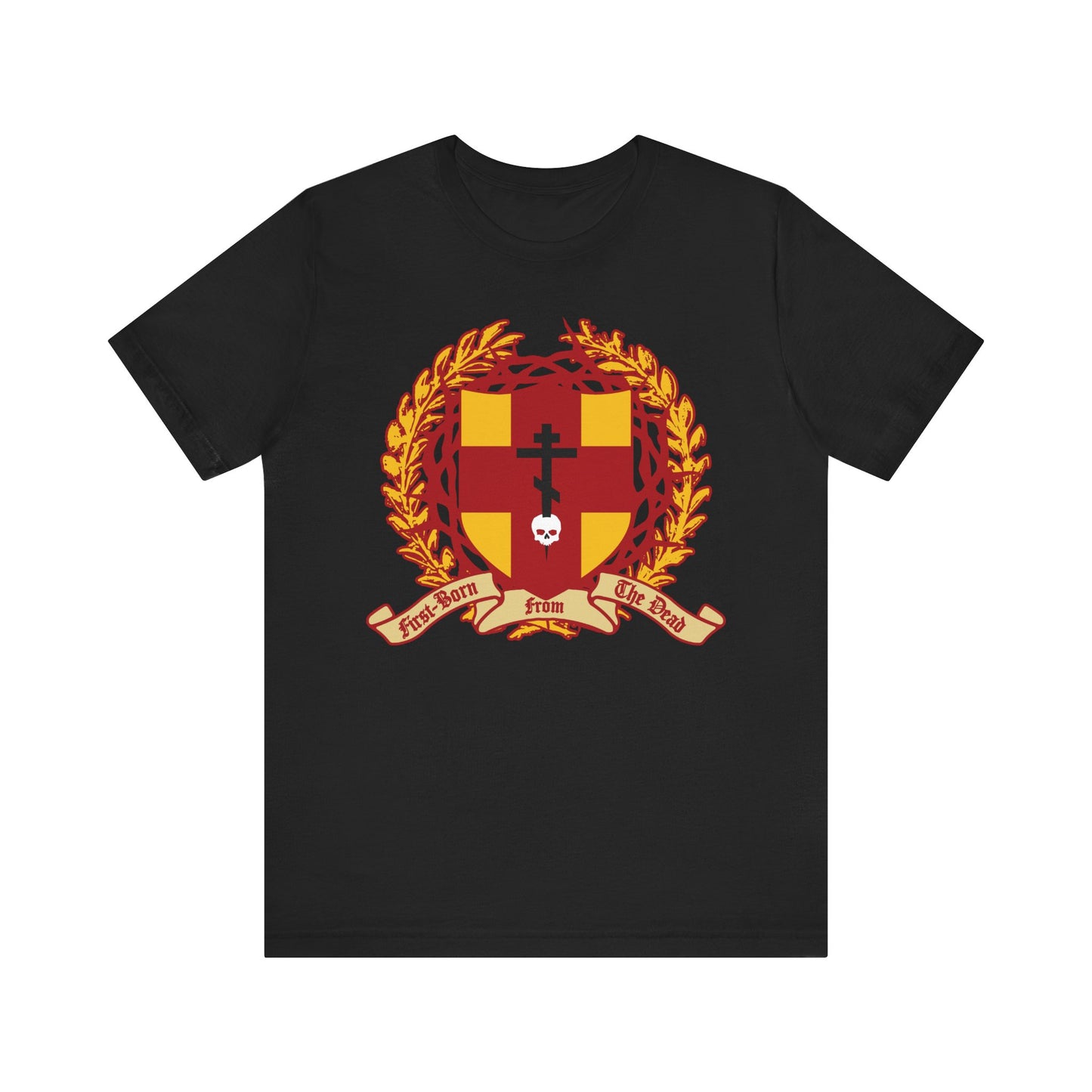 Black lightweight cotton unisex T-shirt featuring the "First-Born from the Dead" (Col 1:18) design: an Orthodox Cross stabbing a skull, a heraldic shield with crown of thorns, in black.