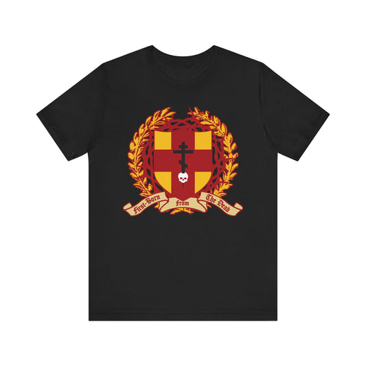 Black lightweight cotton unisex T-shirt featuring the "First-Born from the Dead" (Col 1:18) design: an Orthodox Cross stabbing a skull, a heraldic shield with crown of thorns, in black.