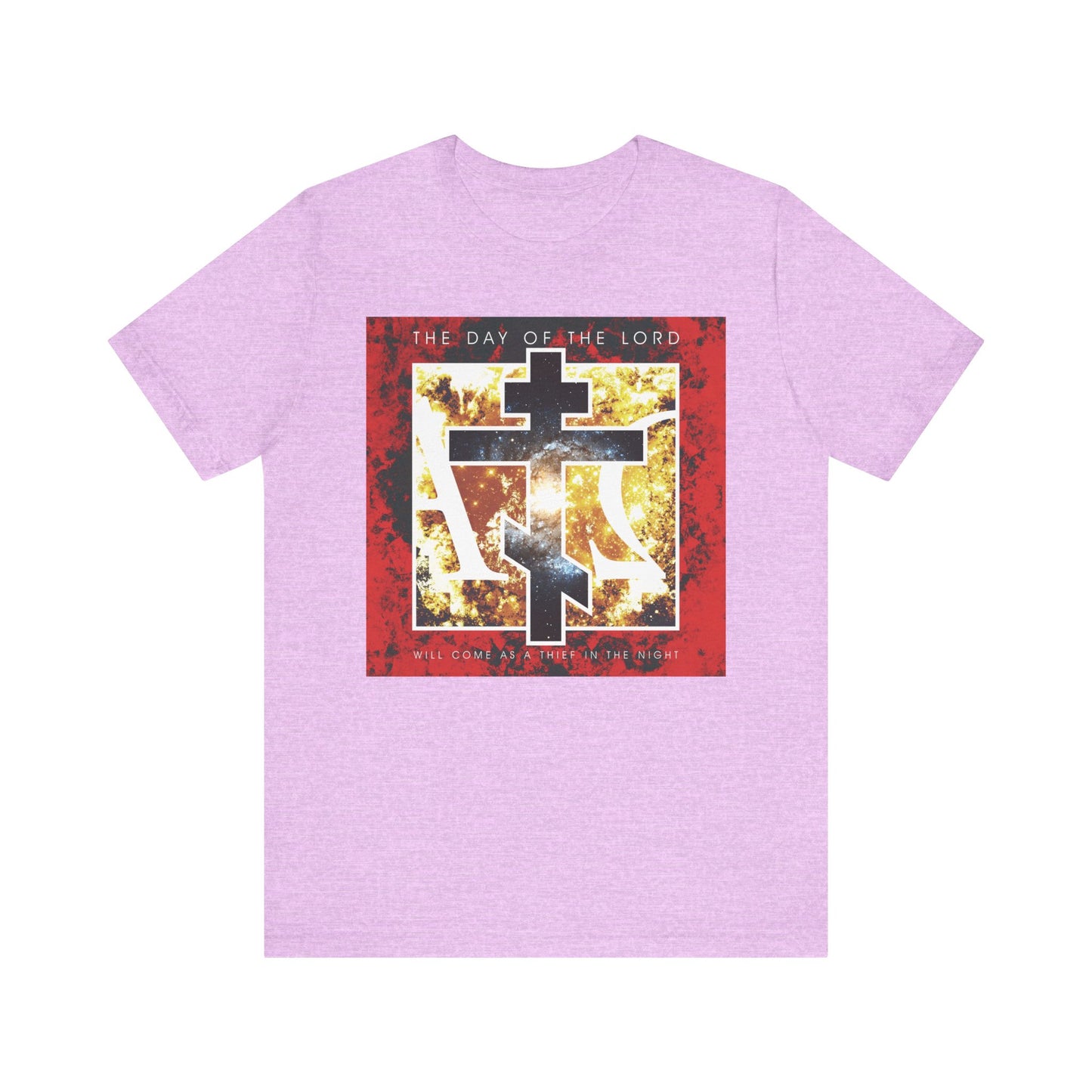 Heather Prism Lilac lightweight cotton unisex tee featuring a bold Cosmic Alpha & Omega cross graphic and "The Day of the Lord Will Come as Thief in the Night | 1 Thess" text on the front, inspiring us as children of light and bearers of hope for salvation.