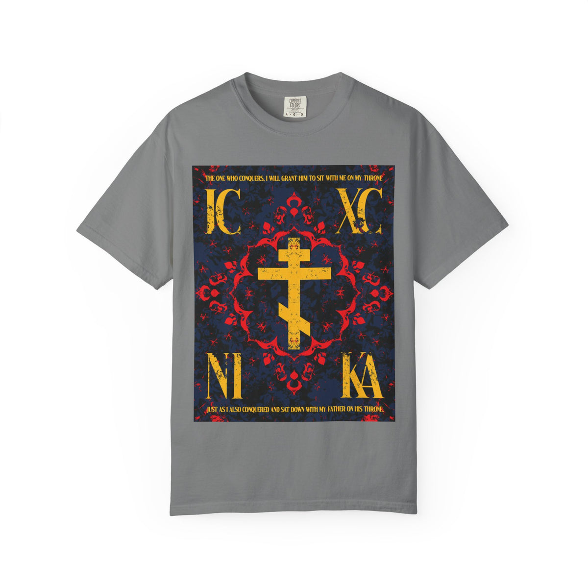 Discover the IC XC NIKA Orthodox Cross Heavyweight Cotton Unisex T-Shirt in grey, featuring a gold Orthodox cross with medieval floral design and symbols on an ornate background, inspired by “The One Who Conquers” (Revelation 3:21).