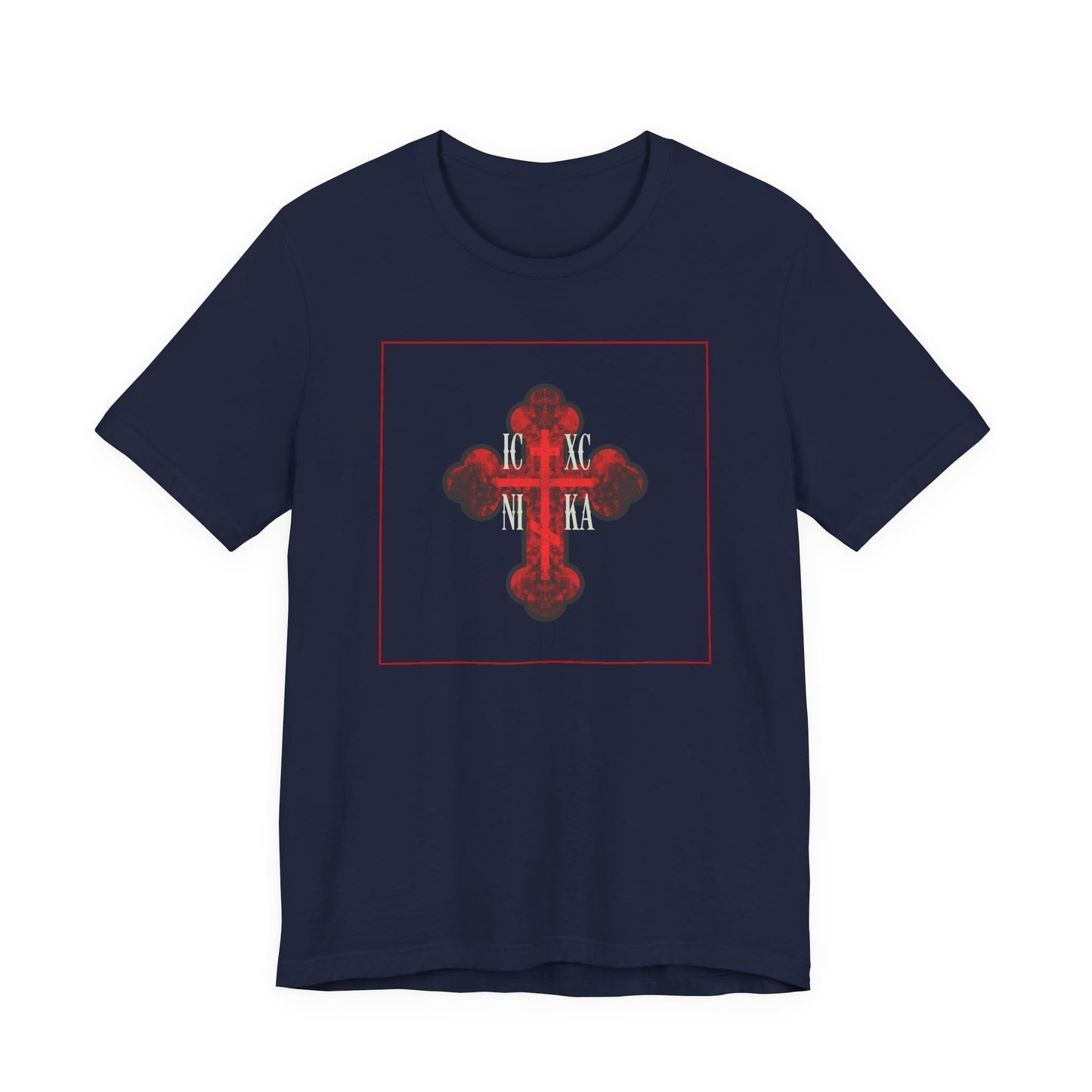 ICXC NIKA Red Glowing Ornate Textured Orthodox Cross | The Cross is the Symbol of Salvation | Christian Cotton Unisex Tee