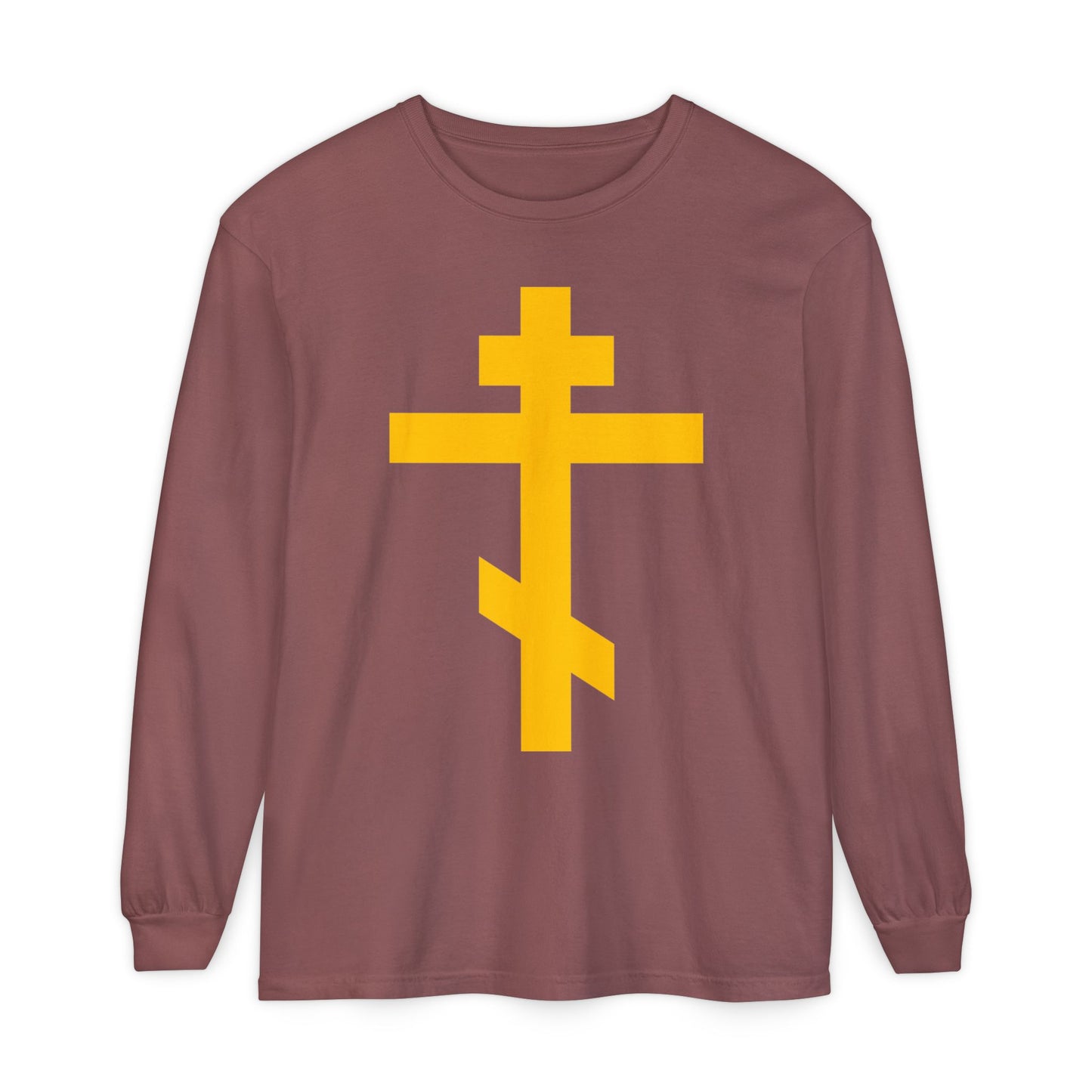 Brick long-sleeve cotton shirt featuring a large yellow Orthodox cross on the front, inspired by Galatians 2:20. Named "Precious and Life-Giving Weapon of Unseen Warfare | Scourge of Demons.