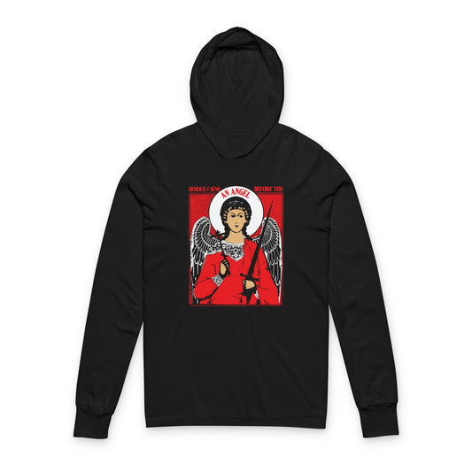 Behold, I Send an Angel Before You (Exodus 23:20) | Guardian Angel With Cross and Sword IconoGraphic | Orthodox Long Sleeve Hooded Shirt