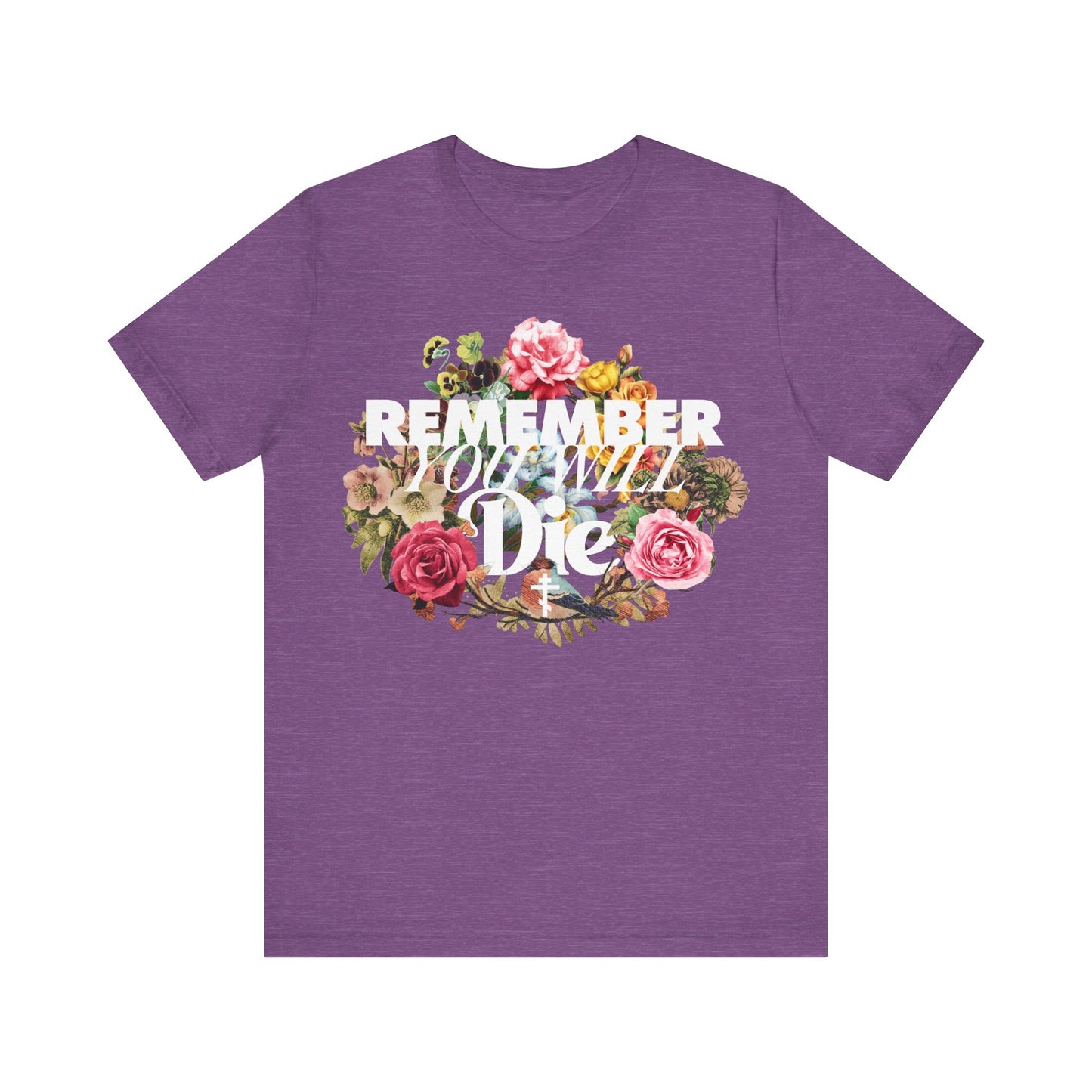Remember You Will Die | Cross | Classic Typography & Floral Wreath Design (FRONT PRINT) | Memento Mori | Orthodox Christian Cotton T-Shirt