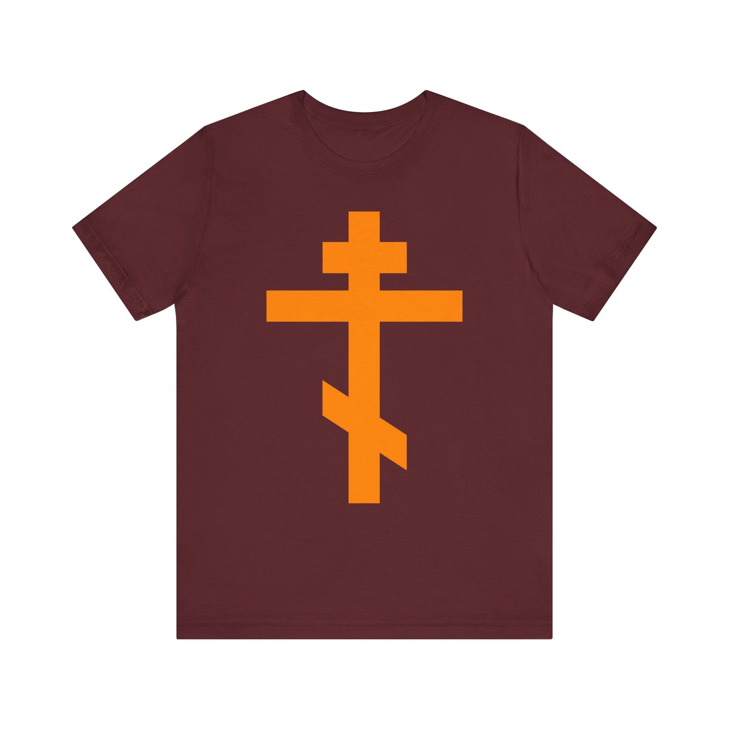 Maroon "Orange Orthodox Tribar Cross" t-shirt, showcasing a bold orange Eastern Orthodox cross on the front and inspired by the words "Preserve Thy People By Thy Cross, O Lord," honoring Christ is King and the spiritual legacy of St. John of Kronstadt. Made from lightweight cotton, unisex fit.