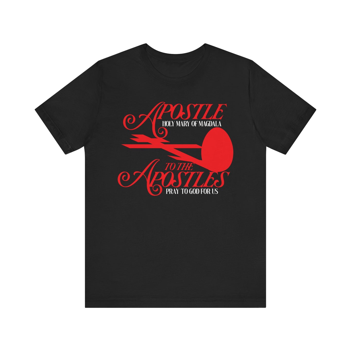 Black Apostle to the Apostles | St. Mary Magdalene tee featuring a red cross and red egg design, honoring Saint Mary Magdalene’s witness at Christ’s Burial. Orthodox Christian lightweight cotton unisex shirt.