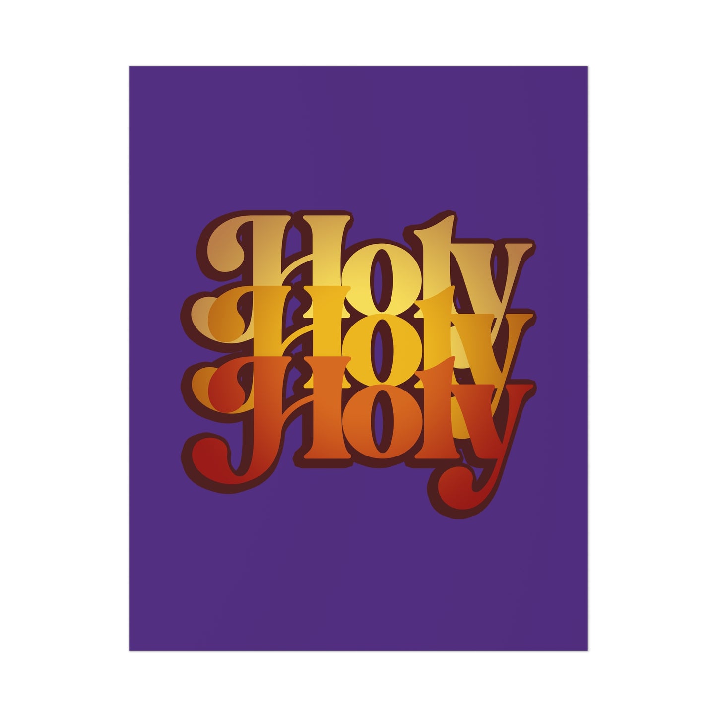 The "Holy Holy Holy Trisagion Liturgical Prayer 70s Style" poster features bold yellow-to-red text, inspired by Isaiah 6 and Orthodox tradition, repeated three times on a solid purple background.