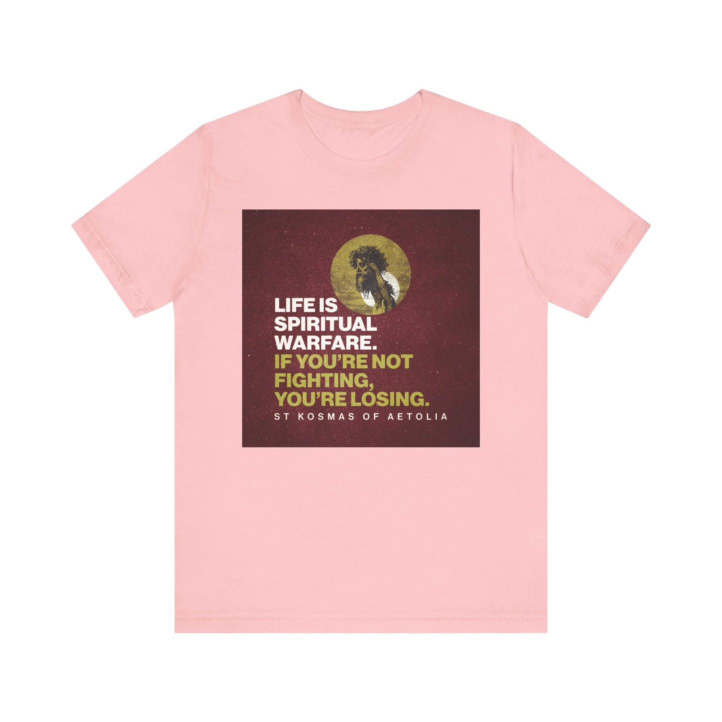 Wear your faith boldly with this pink "Life is Spiritual Warfare. If You're Not Fighting, You're Losing" Orthodox Christian lightweight cotton unisex tee, featuring a David Slaying Goliath design and inspired by the wisdom of St. Kosmas of Aetolia.