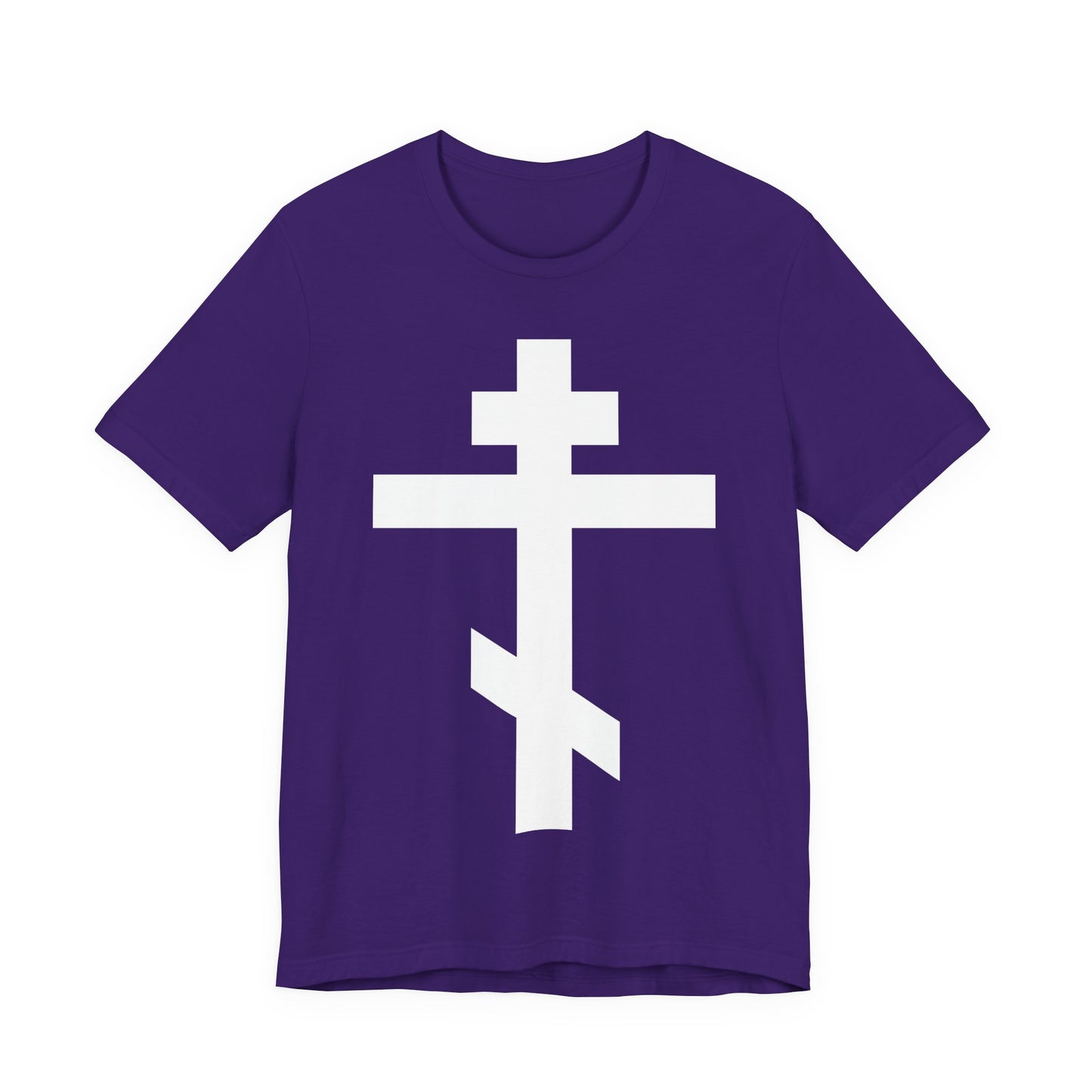 Team Purple unisex tee featuring a bold white Orthodox Cross and Galatians 6:14—"May I never boast, except in the cross of our Lord Jesus Christ.