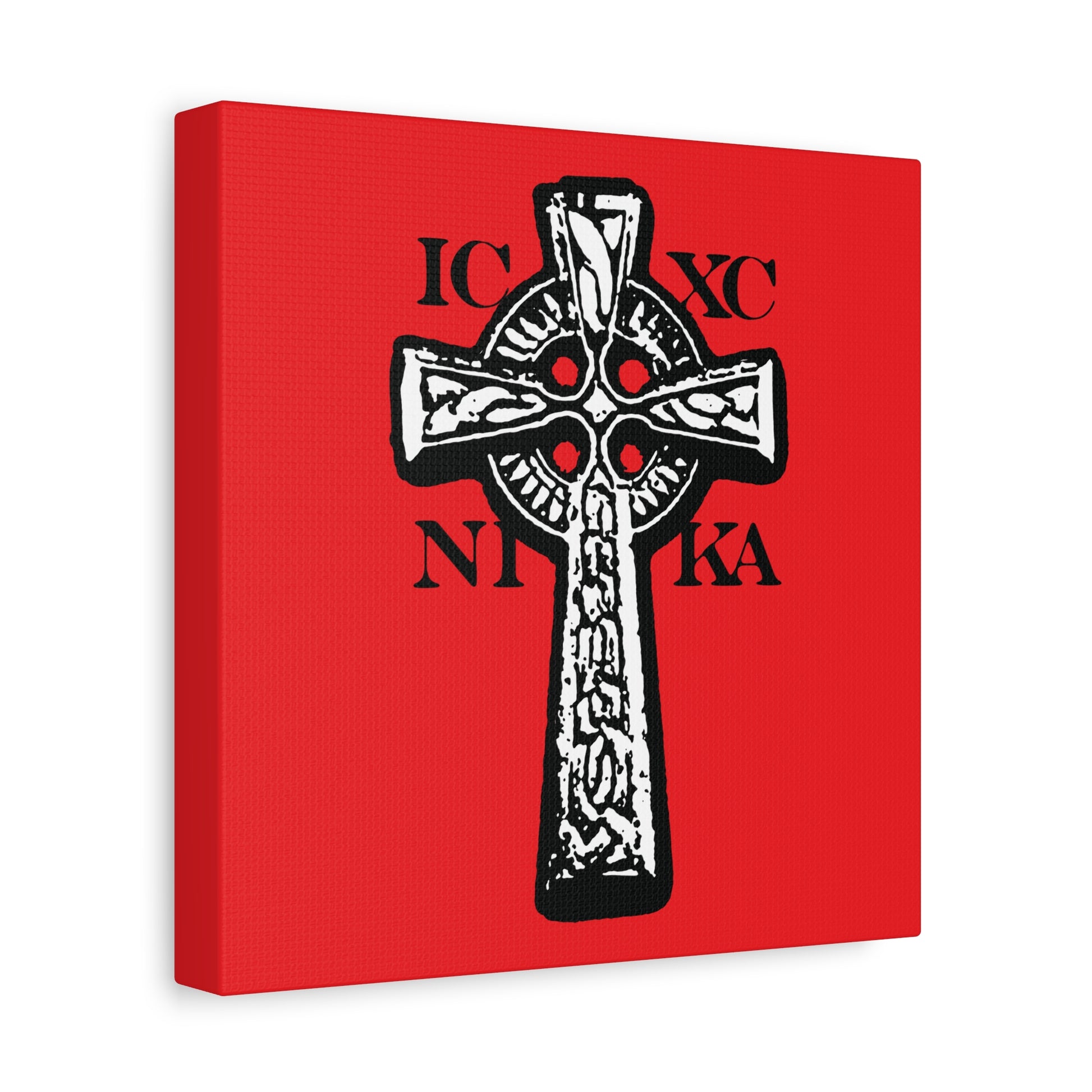 The ICXC NIKA Celtic Knotwork Cross features black and white design on a red background with Greek letters, symbolizing "Jesus Christ Conquers." This traditional Orthodox Christian wall art emphasizes the Cross’s message of salvation.