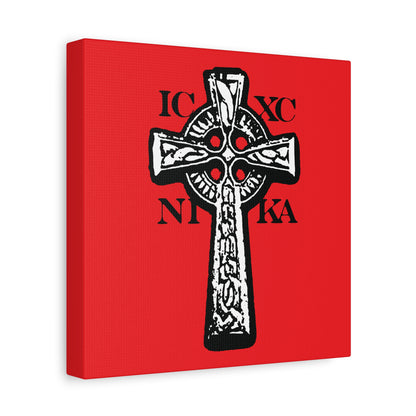 The ICXC NIKA Celtic Knotwork Cross features black and white design on a red background with Greek letters, symbolizing "Jesus Christ Conquers." This traditional Orthodox Christian wall art emphasizes the Cross’s message of salvation.