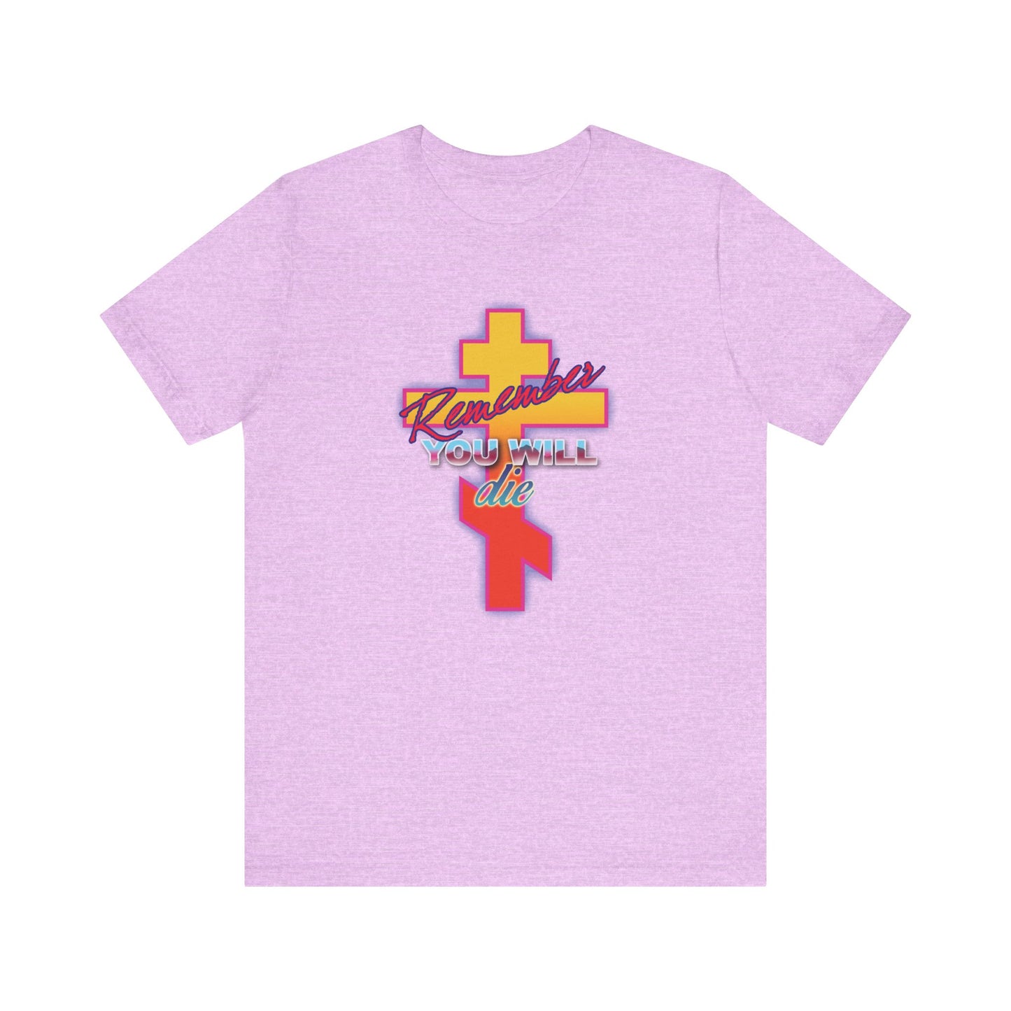 Heather Prism Lilac t-shirt featuring a glowing synthwave retro Orthodox cross and "Remember You Will Die" text, inspired by the Precious Life-Giving Cross. Lightweight cotton unisex design.