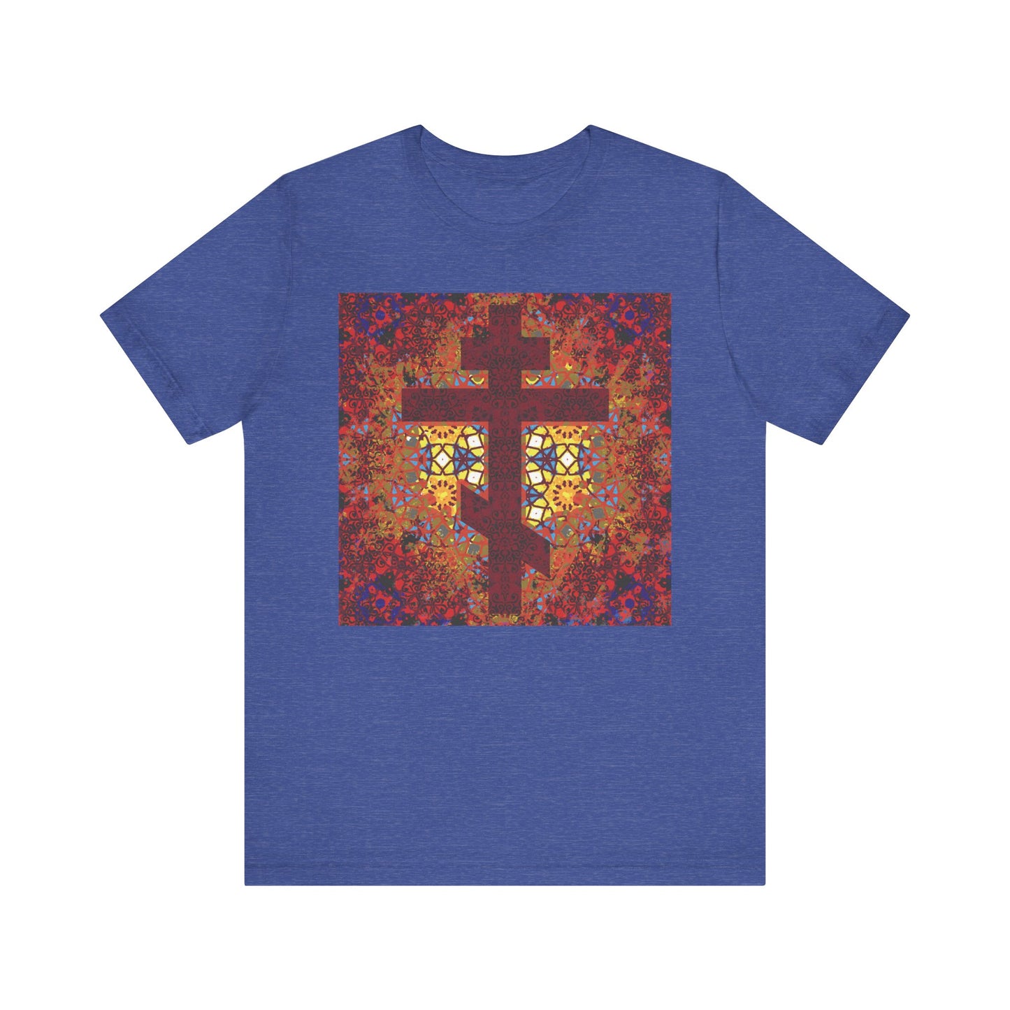 Heather True Royal unisex t-shirt featuring a geometrical pattern stained glass Orthodox cross design in vibrant red, yellow, and orange hues—a Christian lightweight cotton piece inspired by the words of Elder Ambrose of Optina.