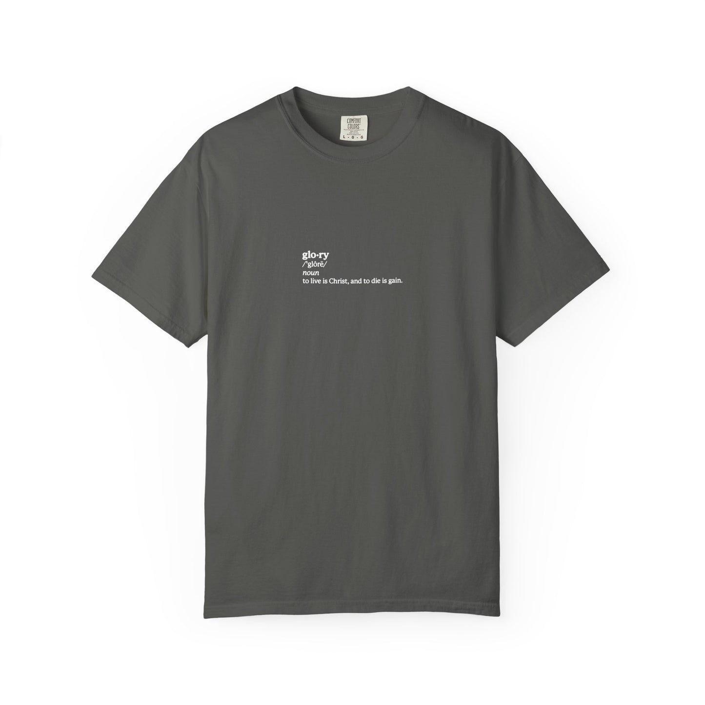 Pepper-colored heavyweight cotton unisex tee featuring "To Live is Christ, to Die is Gain (Phil 1:21)"—a memento mori and ascetic Christianity design inspired by the heart of Christian faith.