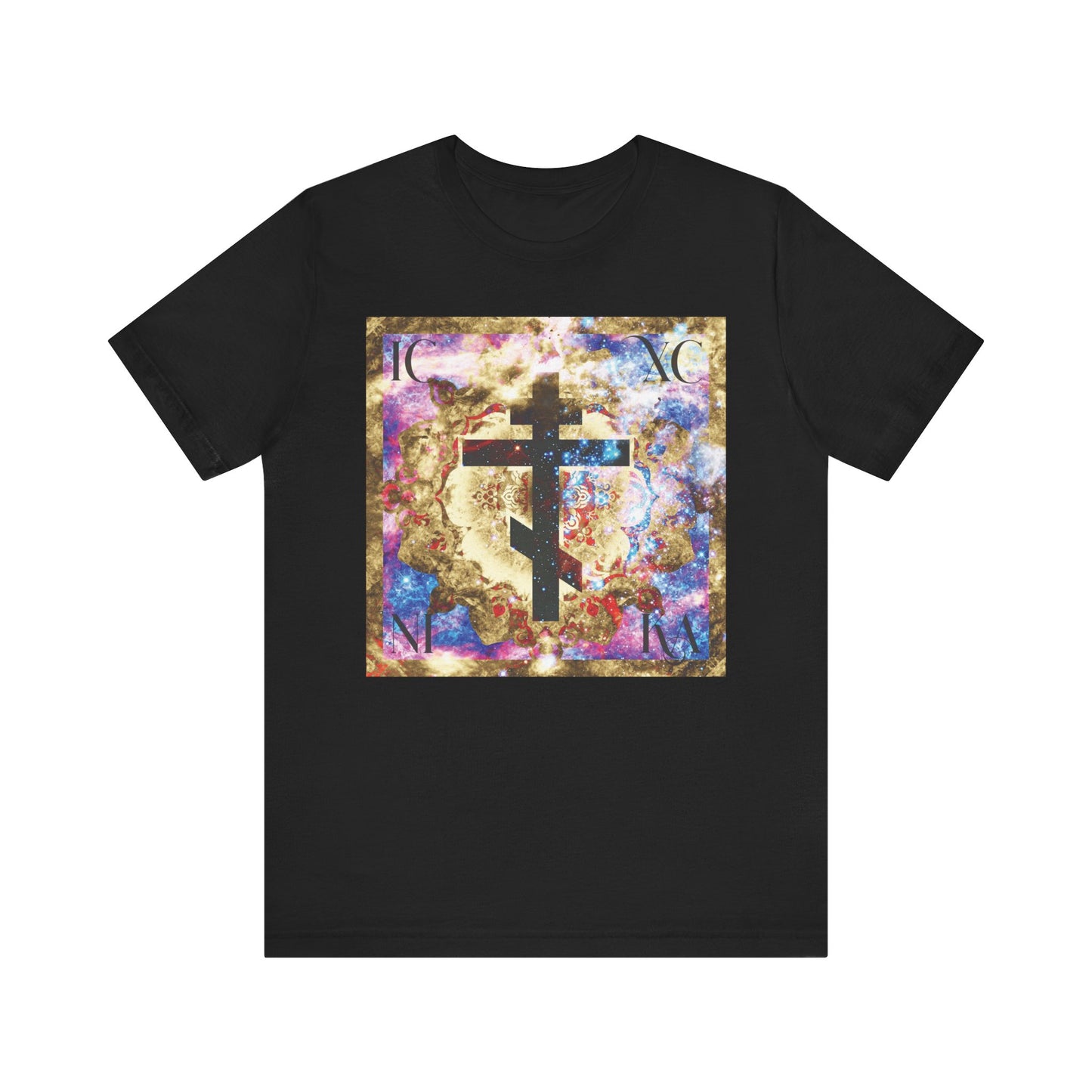 Wearing the black ICXC NIKA Gold & Blue Colorful Cosmic Textured Cross t-shirt, made from lightweight cotton, you'll showcase a striking square graphic with a bold cross and vibrant abstract patterns—an Orthodox Christian design inspired by deliverance from evil and the unwavering faith of St. John of Kronstadt.