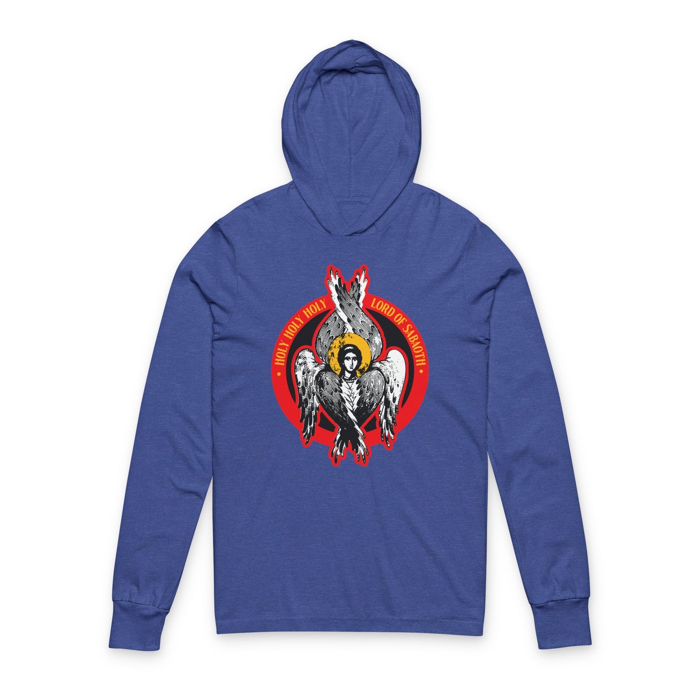 Heather True Royal hoodie with a seraphim angel graphic inspired by Isaiah 6, featuring a red circular background and gold halo on the chest. "Holy Holy Holy, Lord of Sabaoth" Orthodox Christian IconoGraphic design.