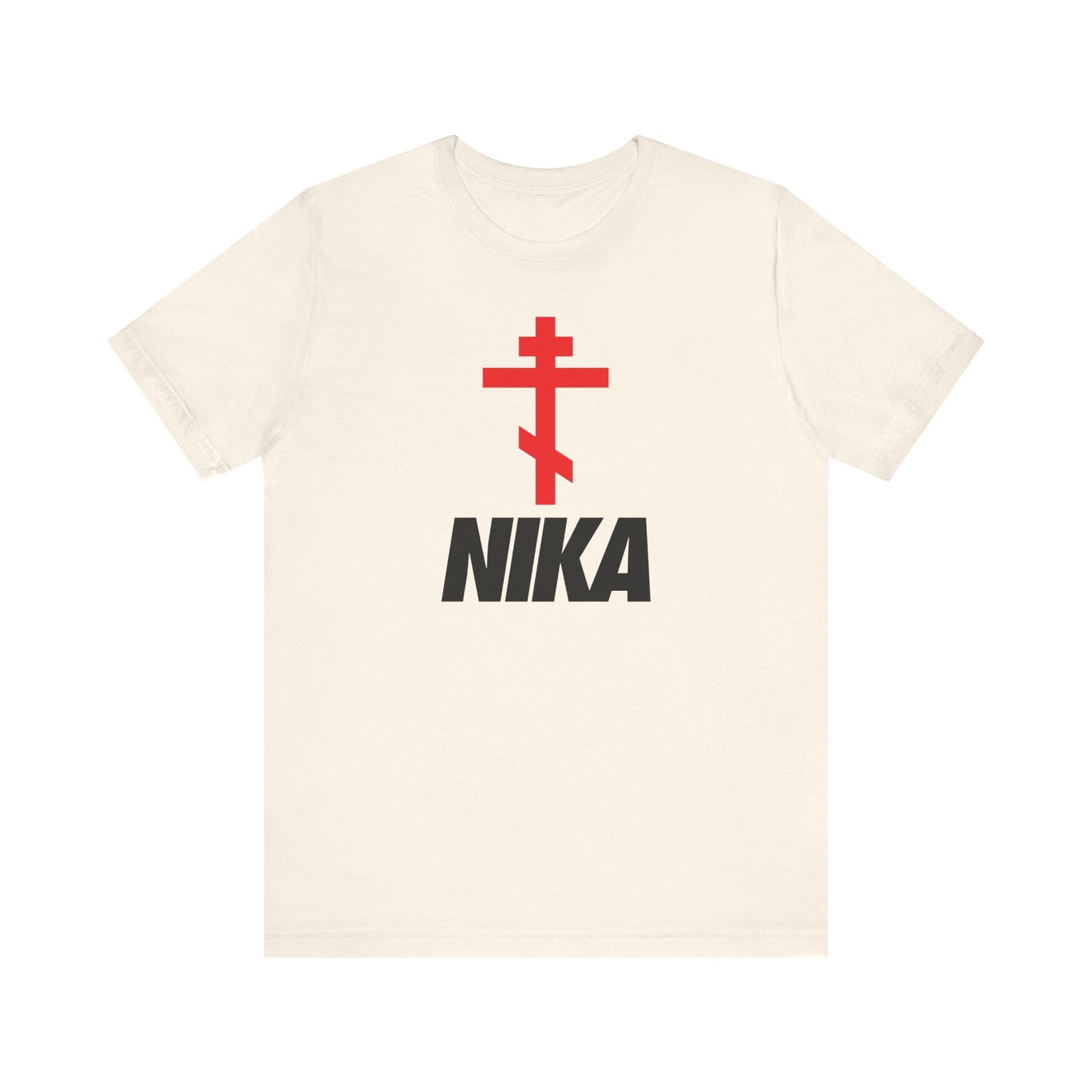 Natural-colored unisex tee with an Eastern Orthodox cross and bold NIKA text, inspired by the NIKE logo. Minimalist, athletic ascetic style in lightweight cotton—Christian symbolism meets modern fashion.