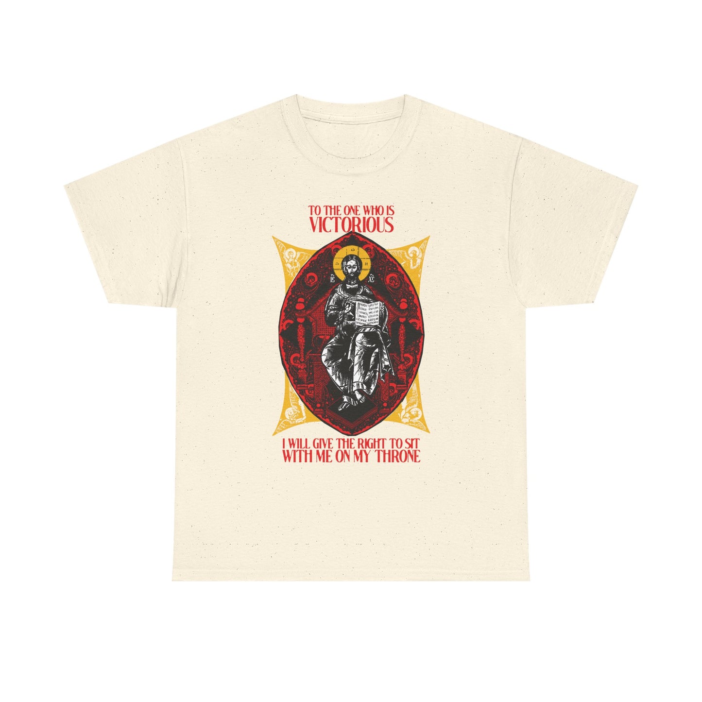 Natural cotton unisex tee featuring the "Christ is King, Enthroned In Glory IconoGraphic" with "To the One Who Is Victorious" (Rev 3:21); a unique Orthodox Christian design symbolizing Christ’s promise of heavenly reign.