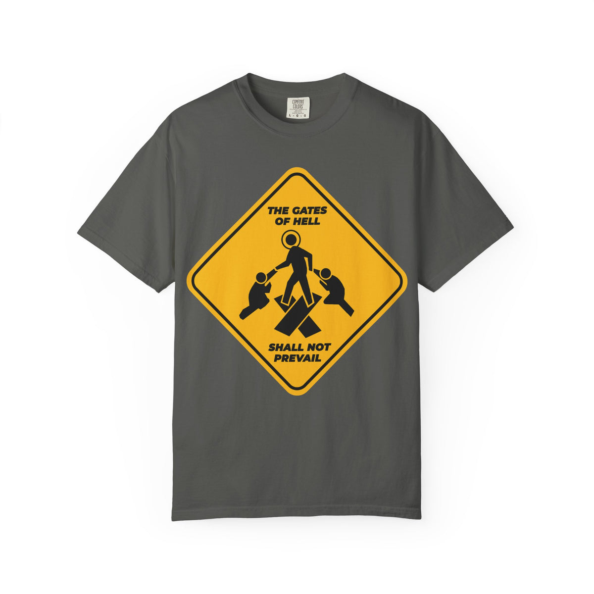 Pepper-colored heavyweight cotton unisex tee featuring a minimalist yellow street sign Pascha icon and the bold proclamation “The gates of hell shall not prevail,” inspired by St. John Chrysostom and Isaiah 45:2–3, reminding us of the hidden treasures of darkness revealed through faith.