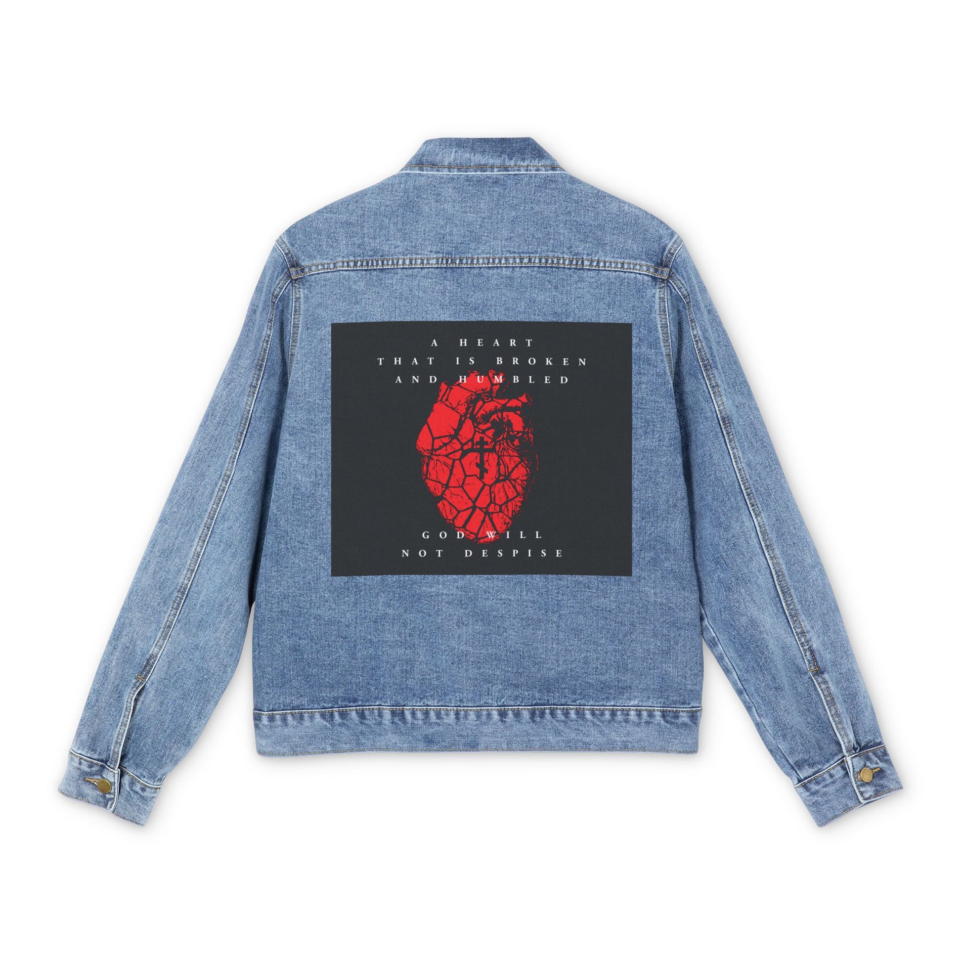 Medium denim wash Christian jean jacket featuring a black patch with a red cracked heart and Orthodox cross, plus inspirational text—a tribute to repentance and Psalm 51: "A heart that is broken and humbled God will not despise.