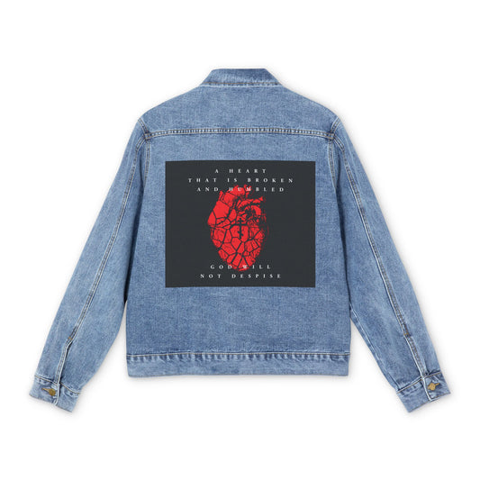 Medium denim wash Christian jean jacket featuring a black patch with a red cracked heart and Orthodox cross, plus inspirational text—a tribute to repentance and Psalm 51: "A heart that is broken and humbled God will not despise.
