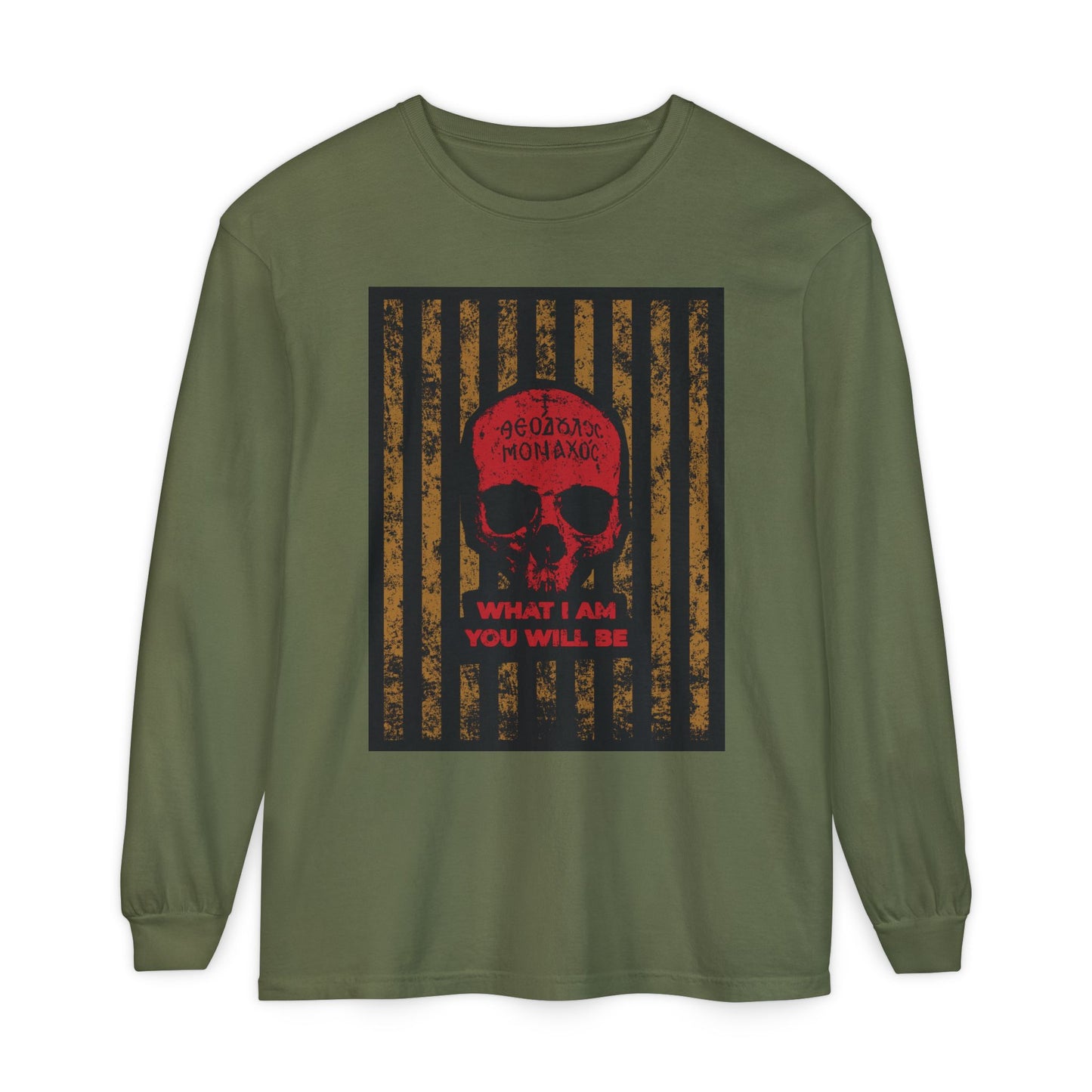 Hemp long-sleeve cotton shirt featuring a red skull graphic and "WHAT I AM YOU WILL BE"—inspired by Mt Athos monks, St. Ignatius Brianchaninov, and the Memento Mori ascetic tradition.