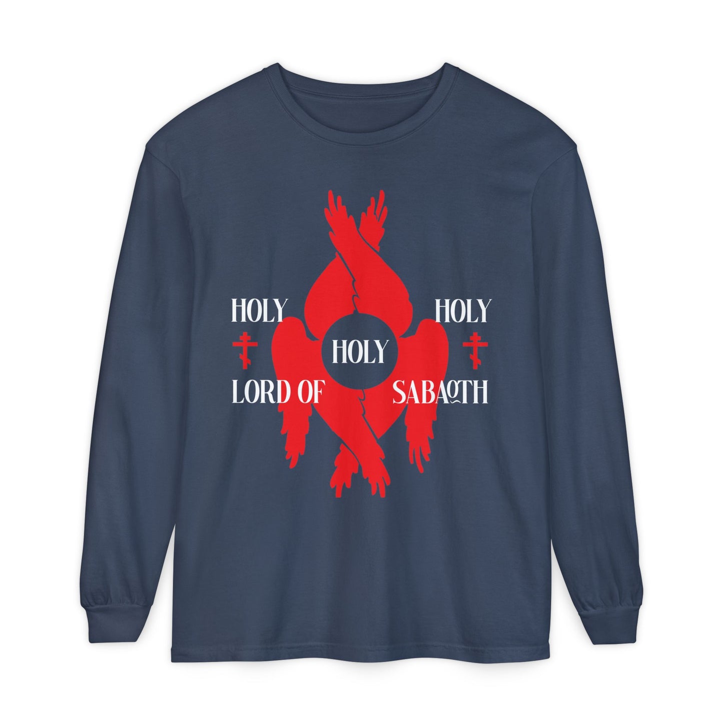 Midnight long-sleeve cotton shirt with red seraphim wings, Orthodox crosses, and "HOLY HOLY HOLY LORD OF SABAOTH" text—Orthodox Christian design inspired by Isaiah 6:3 and the praise of the Divine Council.