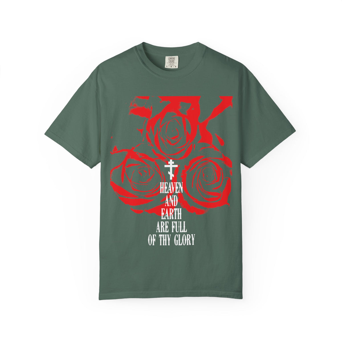 Heaven and Earth Are Full of Thy Glory | Orthodox Liturgical Hymn | Red Roses | Western Typography | Heavyweight Cotton Unisex Tee