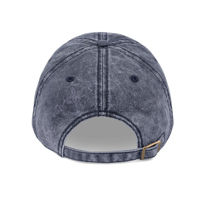 Back view of the Simple White Orthodox TriBar Cross cap— a minimalist Christian distressed blue denim hat with adjustable strap and metal buckle, embroidered with “Crucify My Ego to the Precious and Life Giving Cross.”.